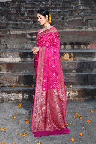 Rani Pink Pure Crepe Georgette Banarasi Handloom Silk Saree With Meenakari