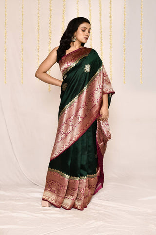 Bottle Green - Pure Katan Silk Banarasi Handloom Silk Saree