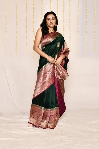 Bottle Green - Pure Katan Silk Banarasi Handloom Silk Saree