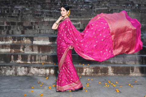 Rani Pink Pure Crepe Georgette Banarasi Handloom Silk Saree With Meenakari