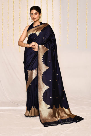 Navy Blue Pure Katan Silk Banarasi Handloom Silk Saree