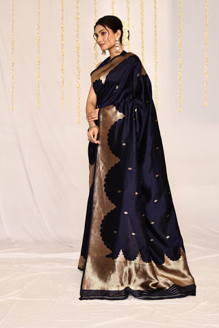 Navy Blue Pure Katan Silk Banarasi Handloom Silk Saree