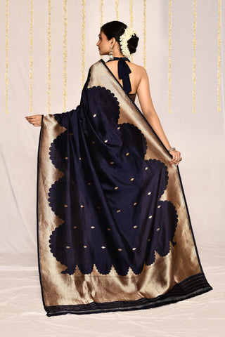 Navy Blue Pure Katan Silk Banarasi Handloom Silk Saree