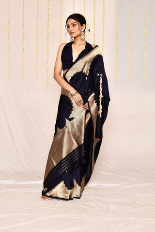 Navy Blue Pure Katan Silk Banarasi Handloom Silk Saree