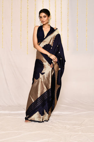 Navy Blue Pure Katan Silk Banarasi Handloom Silk Saree