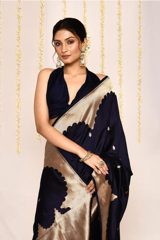 Navy Blue Pure Katan Silk Banarasi Handloom Silk Saree