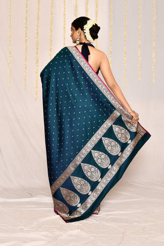 Teal - Semi katan Mushru Satin Banarasi Handloom Silk Saree