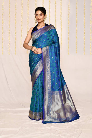 Royal Blue Semi Katan Silk Mushru Satin Banarasi Handloom Saree