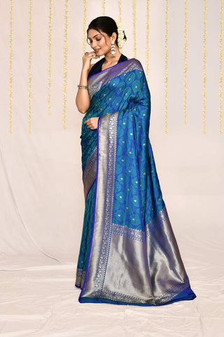 Royal Blue Semi Katan Silk Mushru Satin Banarasi Handloom Saree