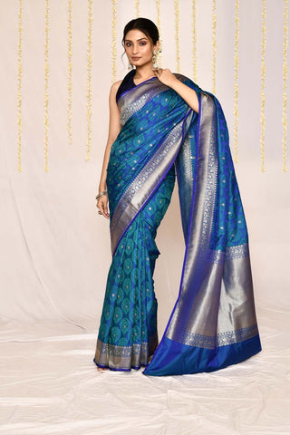 Royal Blue Semi Katan Silk Mushru Satin Banarasi Handloom Saree