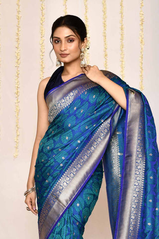 Royal Blue Semi Katan Silk Mushru Satin Banarasi Handloom Saree