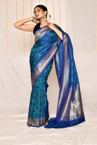 Royal Blue Semi Katan Silk Mushru Satin Banarasi Handloom Saree