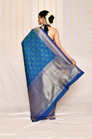 Royal Blue Semi Katan Silk Mushru Satin Banarasi Handloom Saree