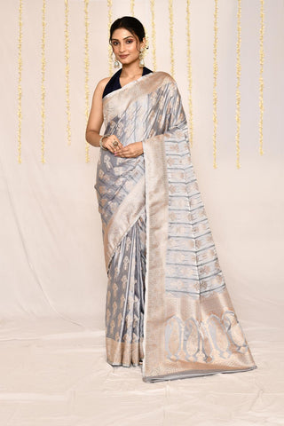 Ice Grey Semi katan Mushru Satin Banarasi Handloom Silk Saree