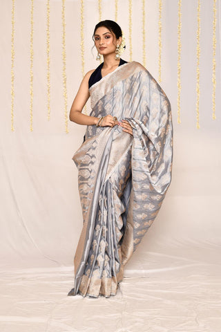 Ice Grey Semi katan Mushru Satin Banarasi Handloom Silk Saree