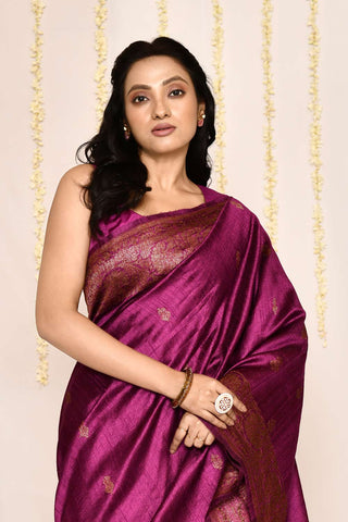 Magenta Pure Tussar Silk Banarasi Handloom Saree