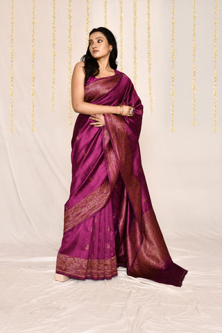 Magenta Pure Tussar Silk Banarasi Handloom Saree