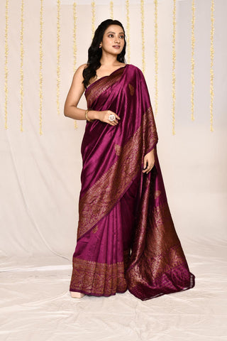 Magenta Pure Tussar Silk Banarasi Handloom Silk Saree