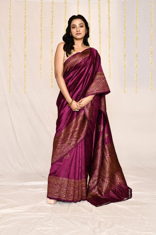 Magenta Pure Tussar Silk Banarasi Handloom Silk Saree