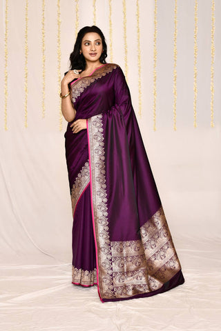 Cadbury Purple- Semi Katan Mushru SatinBanarasi Handloom Silk Saree