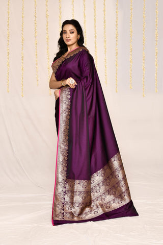 Cadbury Purple- Semi Katan Mushru SatinBanarasi Handloom Silk Saree