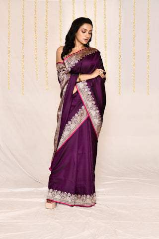 Cadbury Purple- Semi Katan Mushru SatinBanarasi Handloom Silk Saree