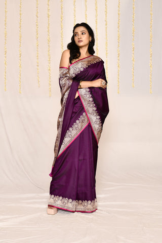 Cadbury Purple- Semi Katan Mushru SatinBanarasi Handloom Silk Saree