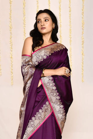 Cadbury Purple- Semi Katan Mushru SatinBanarasi Handloom Silk Saree