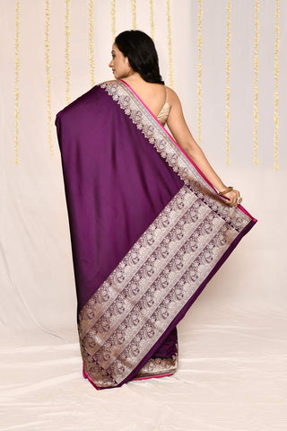 Cadbury Purple- Semi Katan Mushru SatinBanarasi Handloom Silk Saree