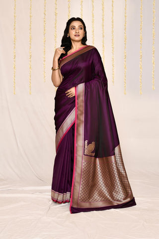 Cadbury Purple- Semi Katan Mushru Satin Banarasi Handloom Silk Saree