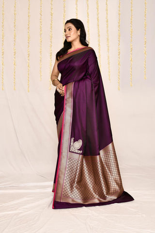 Cadbury Purple- Semi Katan Mushru Satin Banarasi Handloom Silk Saree