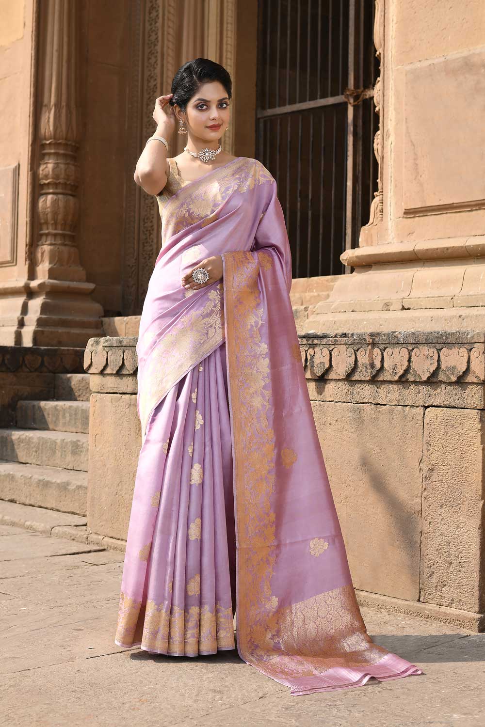 Dusty Lilac Pure Katan Silk Banarasi Handloom Saree with Kadhua Boota and Border