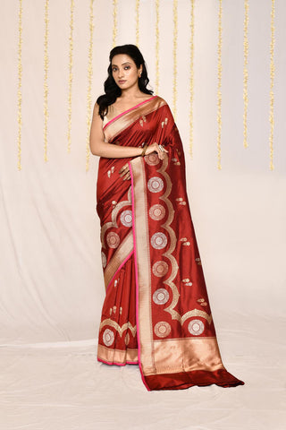 Rust - Red Pure Katan Silk Banarasi Handloom Silk Saree