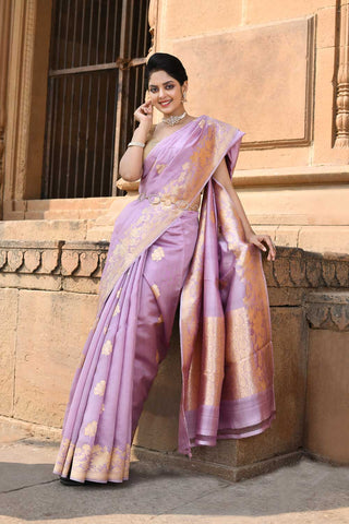 Dusty Lilac Pure Katan Silk Banarasi Handloom Saree with Kadhua Boota and Border