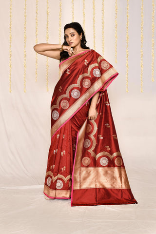 Rust - Red Pure Katan Silk Banarasi Handloom Silk Saree