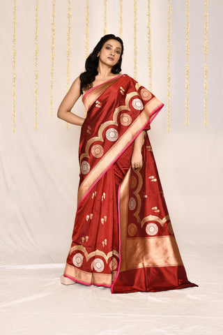 Rust - Red Pure Katan Silk Banarasi Handloom Silk Saree