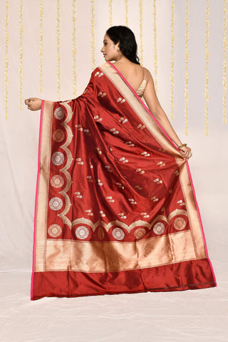 Rust - Red Pure Katan Silk Banarasi Handloom Silk Saree