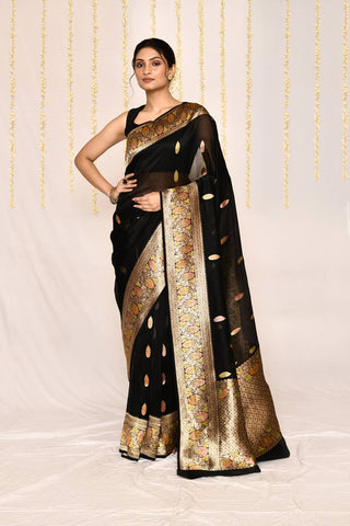 Black Pure Kora Organza Banarasi Handloom Silk Saree