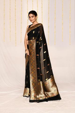 Black Pure Kora Organza Banarasi Handloom Silk Saree