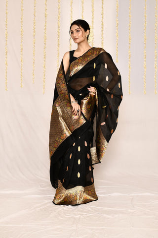 Black Pure Kora Organza Banarasi Handloom Silk Saree