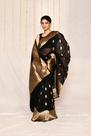 Black Pure Kora Organza Banarasi Handloom Silk Saree