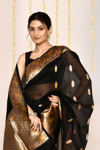 Black Pure Kora Organza Banarasi Handloom Silk Saree