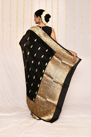 Black Pure Kora Organza Banarasi Handloom Silk Saree