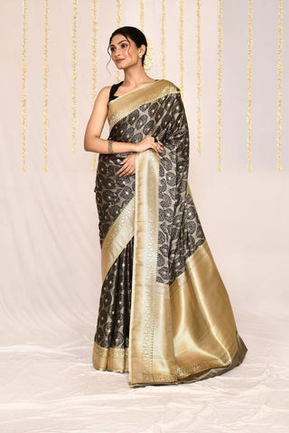 Ash Grey Semi Katan Mushru Satin Banarasi Handloom Silk Saree