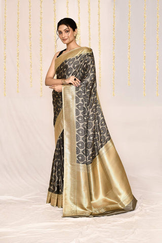 Ash Grey Semi Katan Mushru Satin Banarasi Handloom Silk Saree