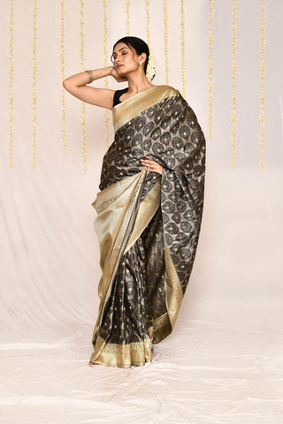 Ash Grey Semi Katan Mushru Satin Banarasi Handloom Silk Saree