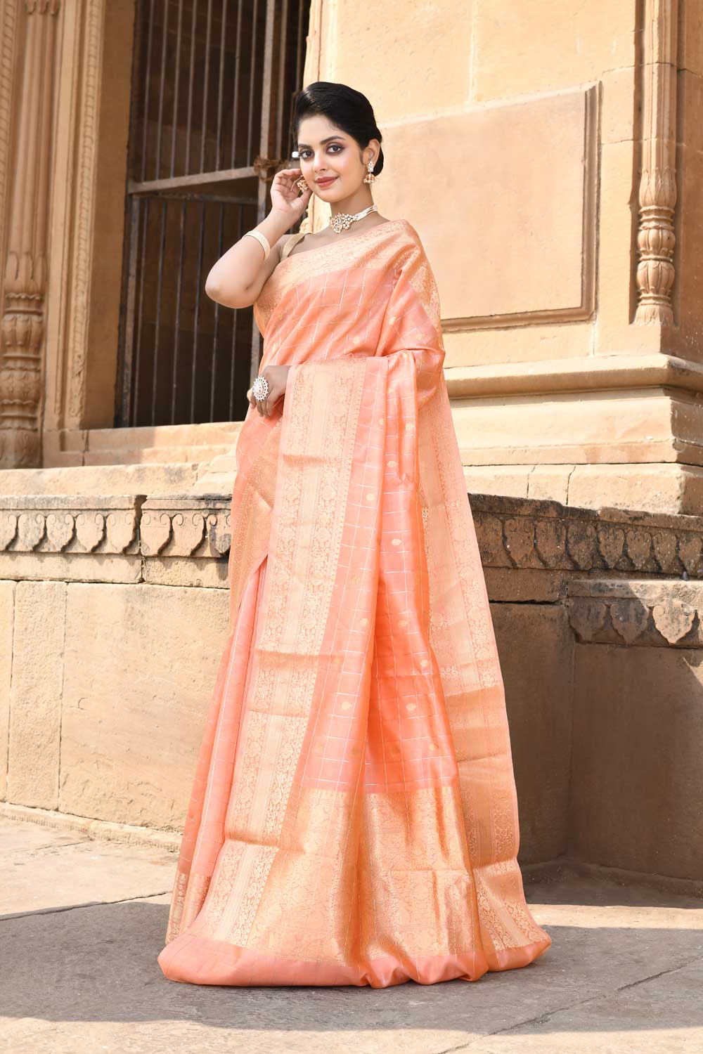 Banarasi Handloom Saree With Kadhua Booti In Ropa And Sona Zari with gharchola stripes