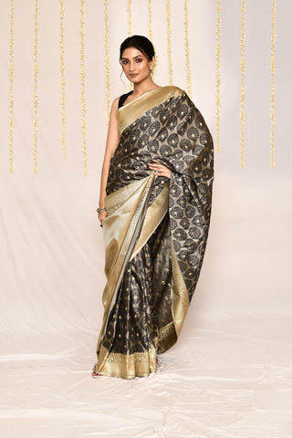 Ash Grey Semi Katan Mushru Satin Banarasi Handloom Silk Saree