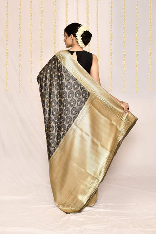 Ash Grey Semi Katan Mushru Satin Banarasi Handloom Silk Saree