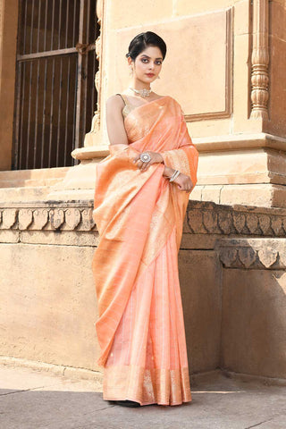 Banarasi Handloom Saree With Kadhua Booti In Ropa And Sona Zari with gharchola stripes